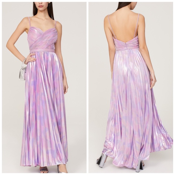 Ieena for Mac Duggal Purple Metallic Iridescent Maxi Dress Gown Pleated V-neck 6 - Picture 1 of 11